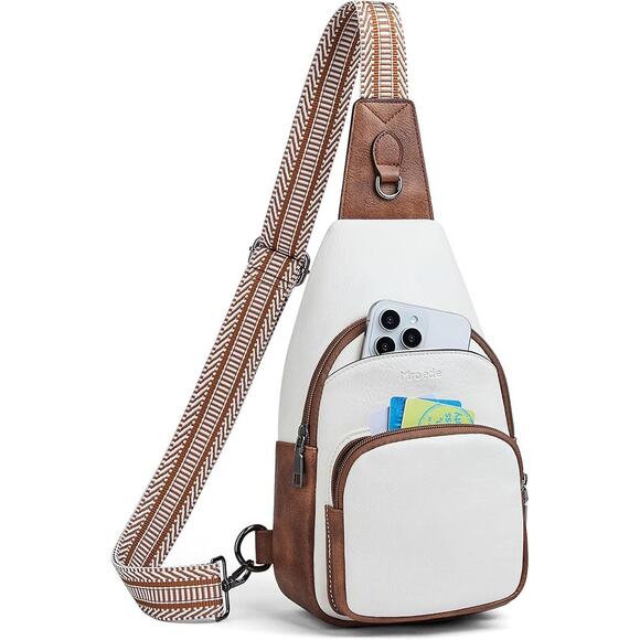 BOGO SALE NEW Vegan Leather Sling Crossbody Bag – White & Brown w/ Wide  Strap - Picture 5 of 5